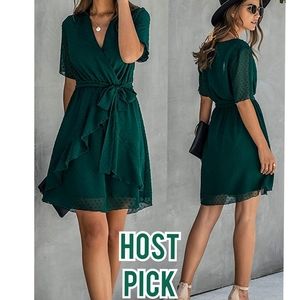 HP forest green ruffle chiffon V-Neck Wrap dress